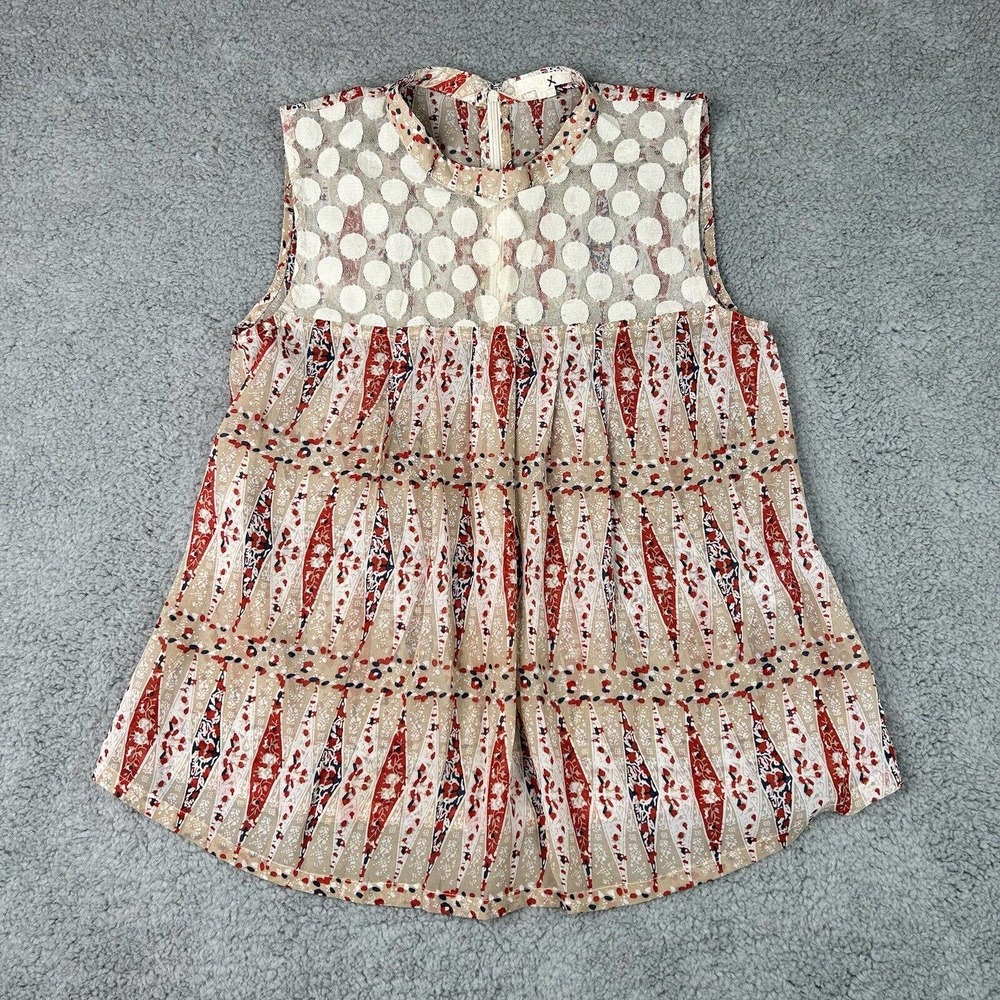 Tulle Cream and Red Sleeveless Patterned Blouse